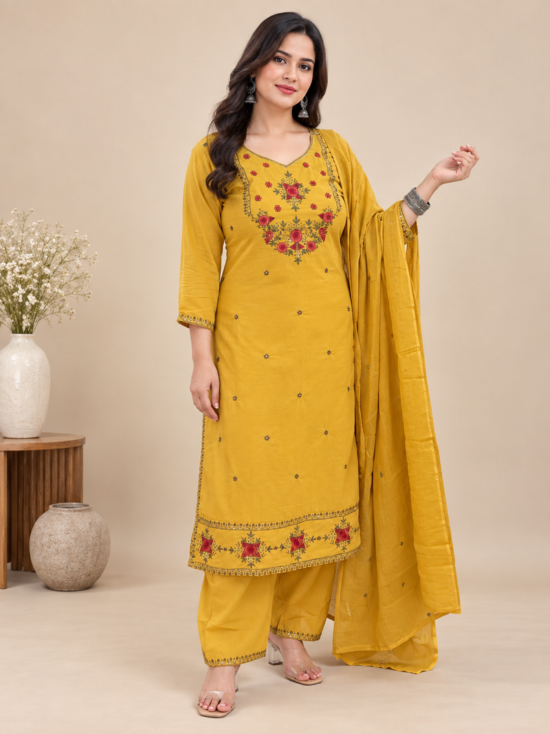Mustard Yellow Embroidered Cotton Suit Set