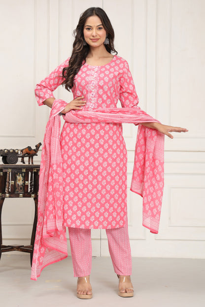 Pink Pure Cotton 3-Piece Suit Set with Patch Work & Hand Block Printed Dupatta. Superior Quality Cotton Fabric