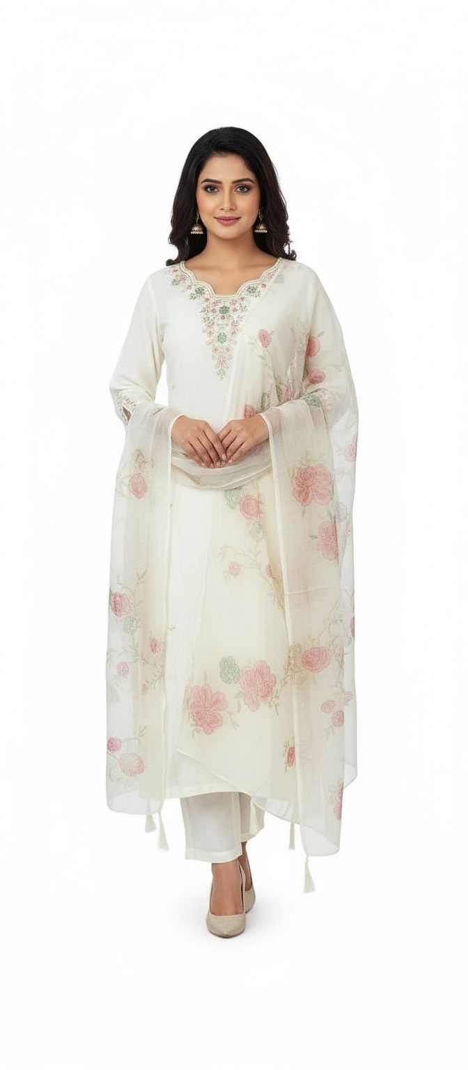 Beautiful Cream Embroidered Suit Silk Fabric and Luxury 3-Piece Hand Stone and Embroidered worked Neck with Digital Print Organza Dupatta , Rich Quality Silk Fabric.