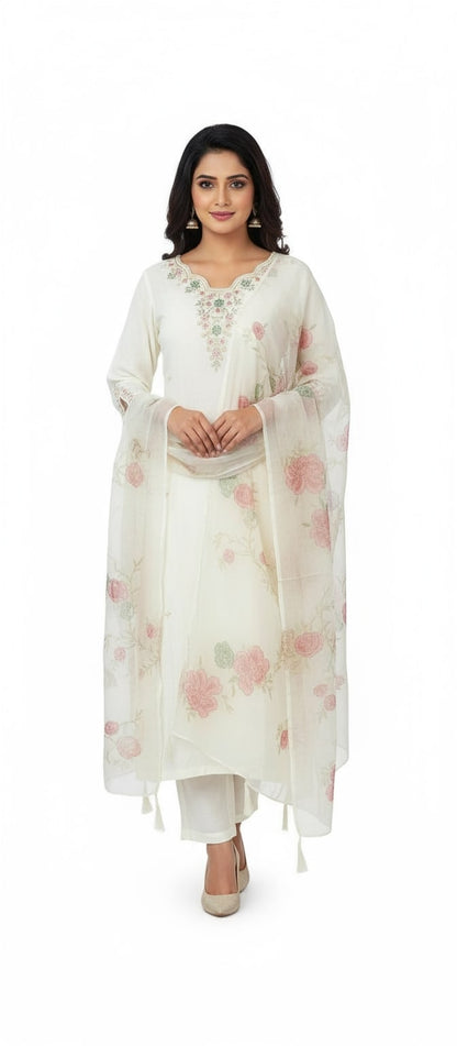 Beautiful Cream Embroidered Suit Silk Fabric and Luxury 3-Piece Hand Stone and Embroidered worked Neck with Digital Print Organza Dupatta , Rich Quality Silk Fabric.