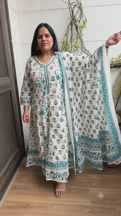 Ruaati Women Mul Cotton Cream & Teal Floral Printed Anarkali Suit Set with Dupatta