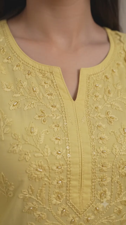 Ruaati Women Yellow Mul Chanderi Chickankari Palazzo Set with Dupatta