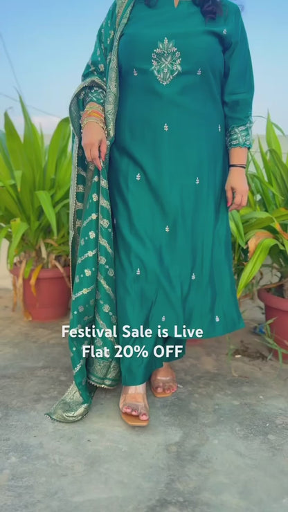 Premium Muslin Silk Suit Set with Heavy Hand Adda Work & Designer Banarasi Dupatta for Women