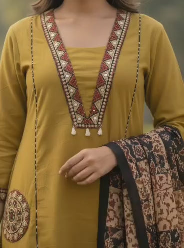 Ruaati Women Premium Mul Cotton Olive Green Printed Suit Set with Designer Dupatta