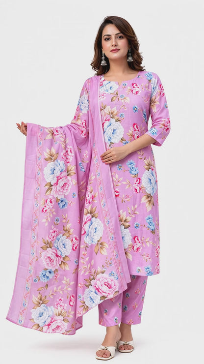Ruaati Women Pink Floral Printed Kurta Pant Set with Dupatta