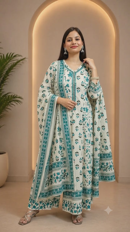 Ruaati Women Mul Cotton Cream & Teal Floral Printed Anarkali Suit Set with Dupatta