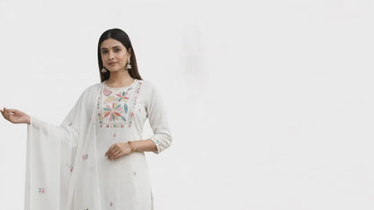 Ruaati Women Mul Cotton Embroidered White Kurta Set with Dupatta for Festive Wear