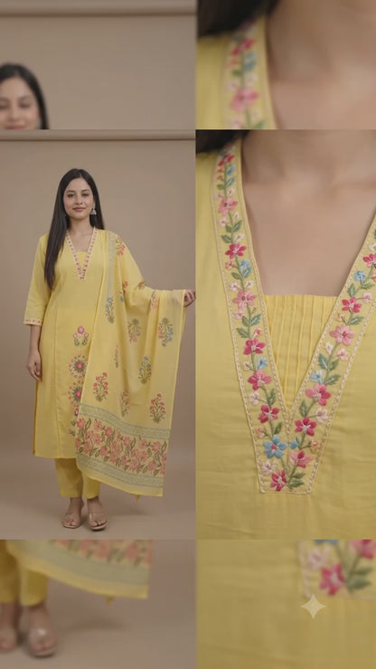 Ruaati Women’s Sunshine Yellow Mul Cotton Embroidered Cotton Kurta Pant Set with Floral Dupatta with Lining