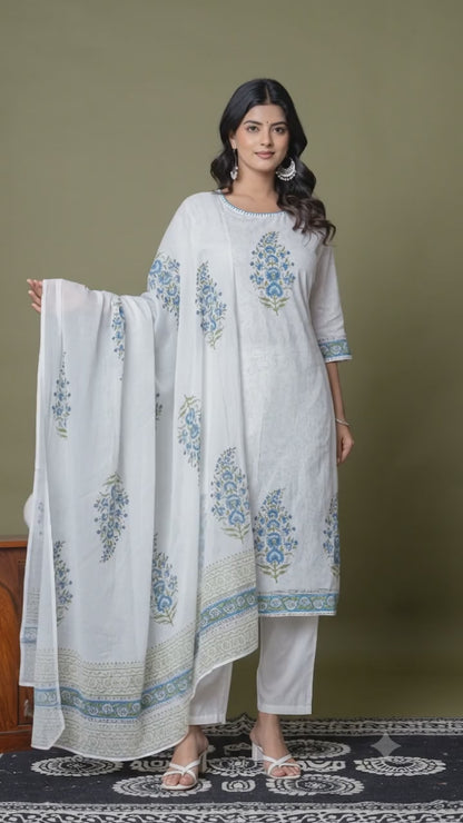 Beautiful & Sober Floral White and Blue Pure Cotton (Mul Cotton fabric) hand work hand block print. Superior Quality Cotton Fabric. 3 Pc Sets.