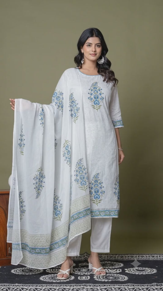 Beautiful & Sober Floral White and Blue Pure Cotton (Mul Cotton fabric) hand work hand block print. Superior Quality Cotton Fabric. 3 Pc Sets.