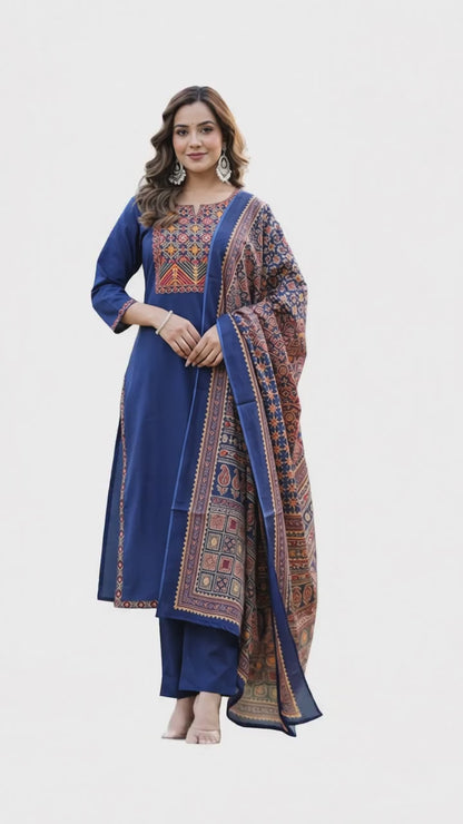 Ruaati Women Navy Blue Embroidered Kurta Set with Printed Dupatta