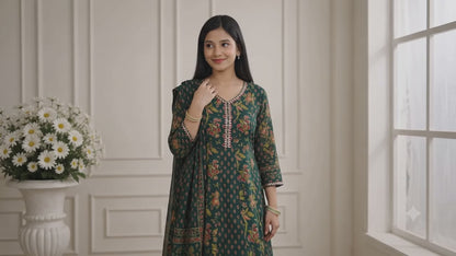 Ruaati Women Mul Cotton Elegant Green Floral Printed Kurta Pant Set with Dupatta