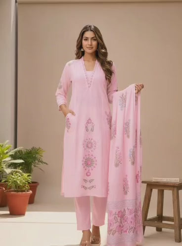 Ruaati Women’s Pink Mul Cotton Embroidered Cotton Kurta Pant Set with Floral Dupatta