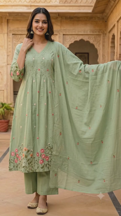 Ruaati Women's Mint Green Embroidered Mul Cotton A-Line Kurta Pant with Embroidered Dupatta | Floral Ethnic Suit Set | Festive & Casual Wear
