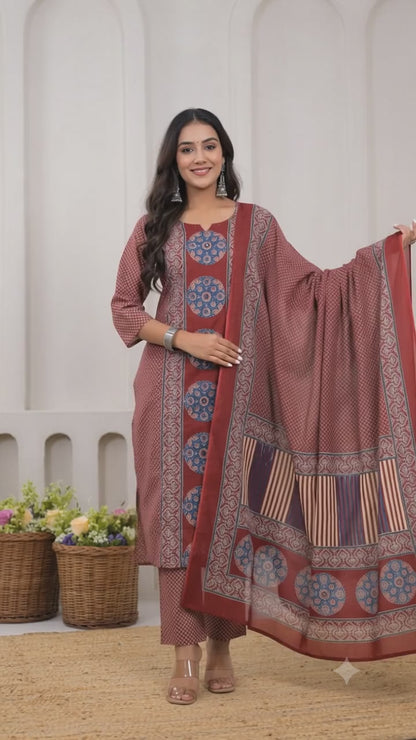 Pure Cotton Fabric 3 Pc Suit with Hand Adda Work in Front.