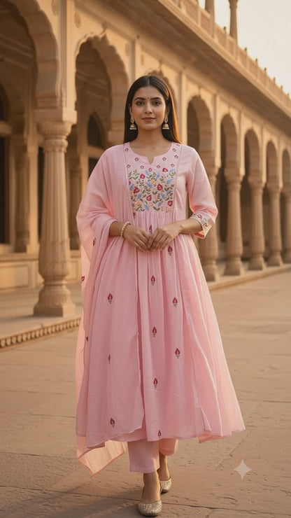 Ruaati Women Cotton Embroidered Pink Kurta Sets with Dupatta Ethnic Wear