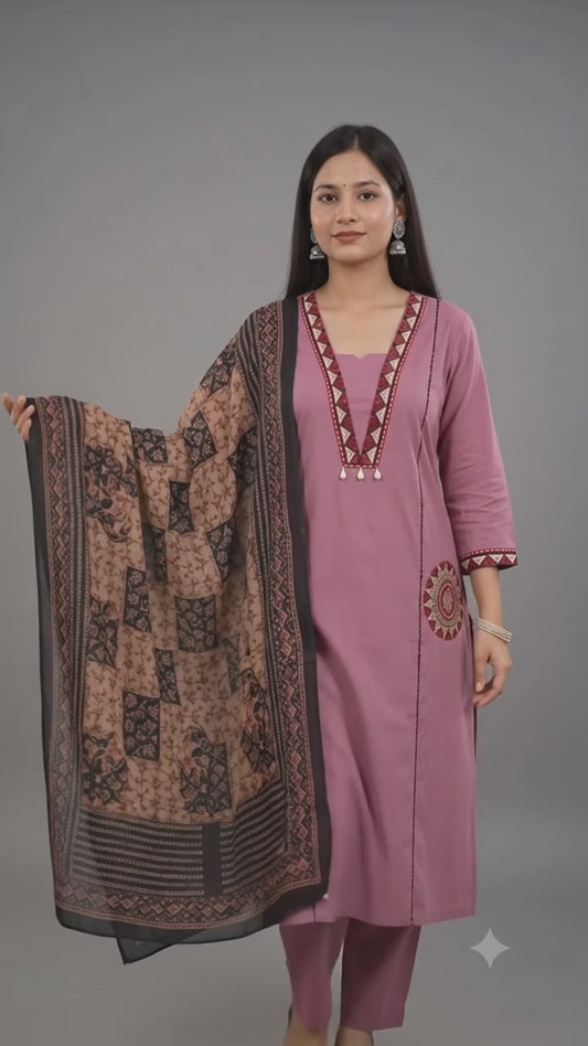 Ruaati Women Premium Cotton  Lavender Embroiderd Suit Set with Designer Dupatta