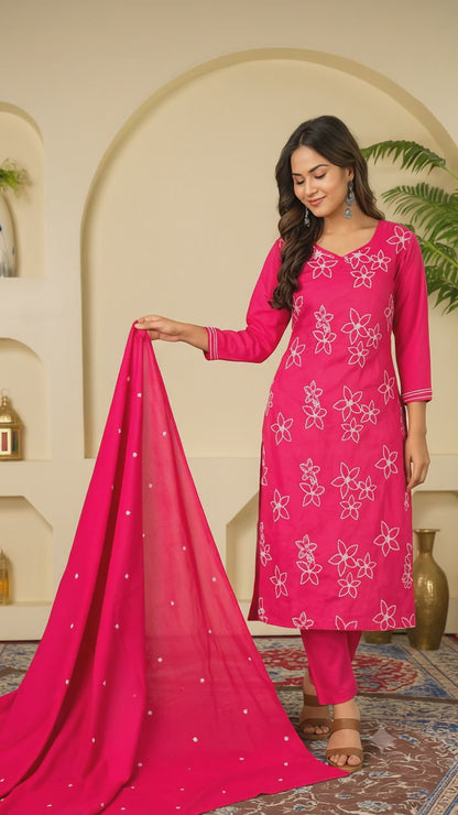 Ruaati Women Cotton Embroidery Kurta Pant Dupatta 3 PC. Suit for Festive Wear