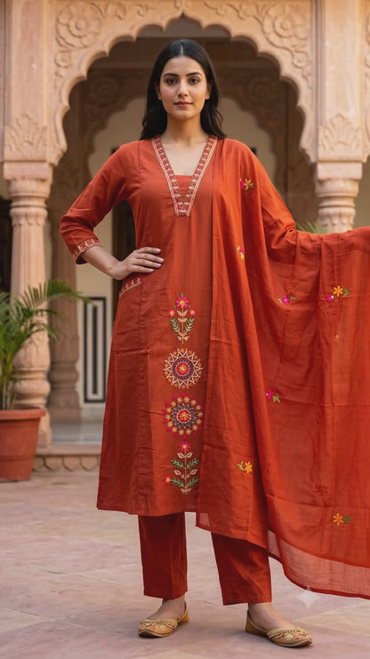 Ruaati Women's Rust Orange Embroidered Cotton Kurta Pant with Embroidered Dupatta | Straight Fit Ethnic Suit Set | Festive & Casual Wear