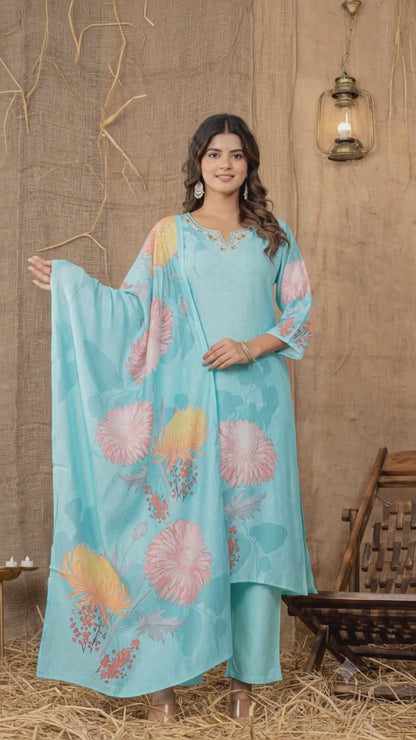 Premium Sky Blue Suit Digital Print Vatican Silk Fabric Suit, Pant and Fancy Dupatta.