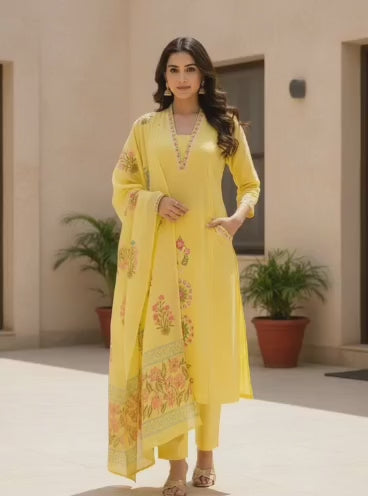 Ruaati Women’s Sunshine Yellow Mul Cotton Embroidered Cotton Kurta Pant Set with Floral Dupatta