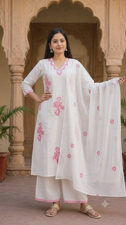Ruaati Women Premium Mul Cotton White & Pink Floral Embroidered Kurta Palazzo Set with Dupatta