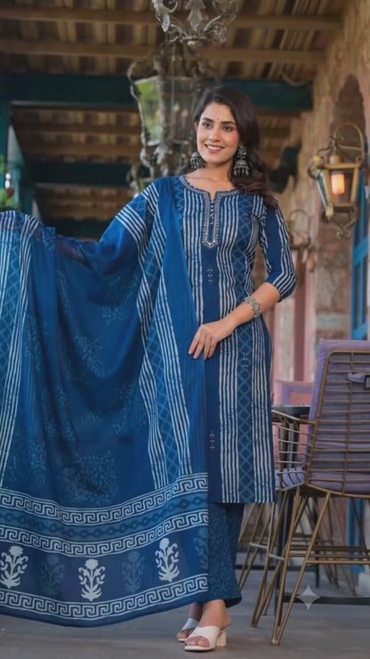 Ruaati Women Premium Cotton Navy Blue Printed Kurta Pant Set with Designer Dupatta