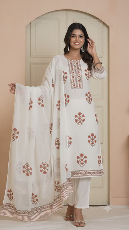 Ruaati Women Pure Mul Cotton Block Print Kurta Set with Dupatta for Office Wear