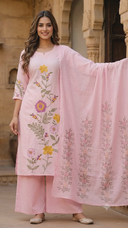 Ruaati Women Mul Cotton Pink Embroidered Kurta Set with Dupatta Set