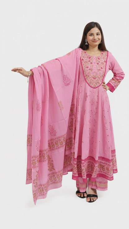 Ruaati Women Mul Cotton Elegant Pink Anarkali Embroidered Kurta Pant Set with Dupatta