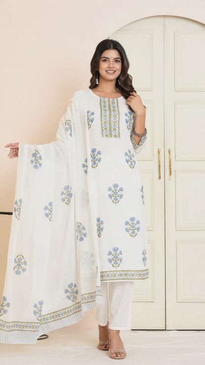 Ruaati Women Pure Mul Cotton Kurta Set with Elegant Block Print & Printed Dupatta