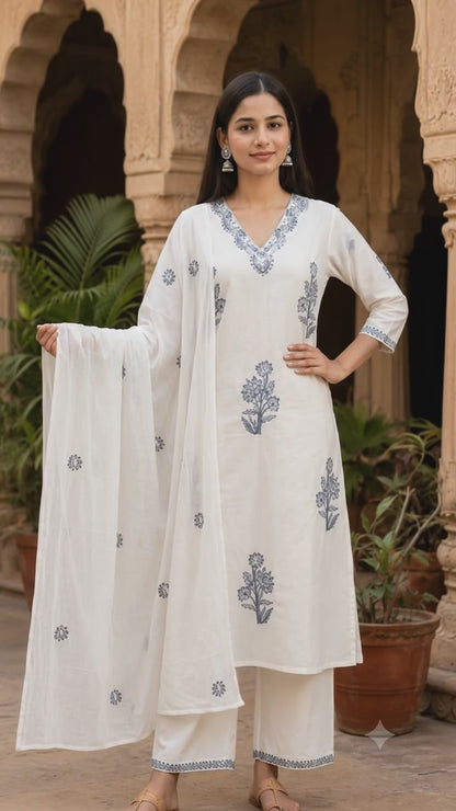 Ruaati Women Premium Mul Cotton Off White & Grey Floral Embroidered Kurta Palazzo Set with Dupatta
