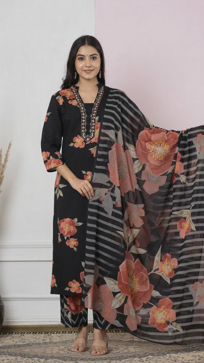 Pure Cotton Fabric Discharge Print Embroidery Work, 3 Pc Set