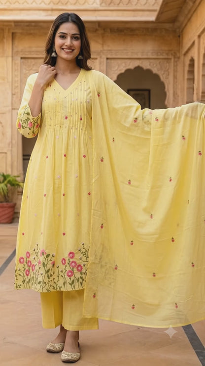 Ruaati Women's Lemon Yellow Embroidered Mul Cotton A-Line Kurta Pant with Embroidered Dupatta | Floral Ethnic Suit Set | Festive, Casual & Office Wear
