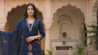 Ruaati Women's Navy Blue Embroidered Cotton Kurta Pant with Embroidered Dupatta | Ethnic Straight Kurta Set | Festive & Casual Wear