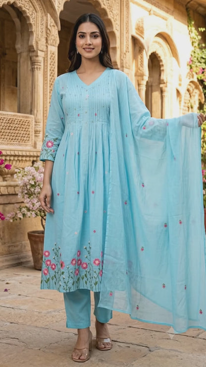 Ruaati Women's Sky Blue Embroidered Mul Cotton A-Line Kurta Pant with Embroidered Dupatta | Floral Ethnic Suit Set | Festive, Casual & Office Wear