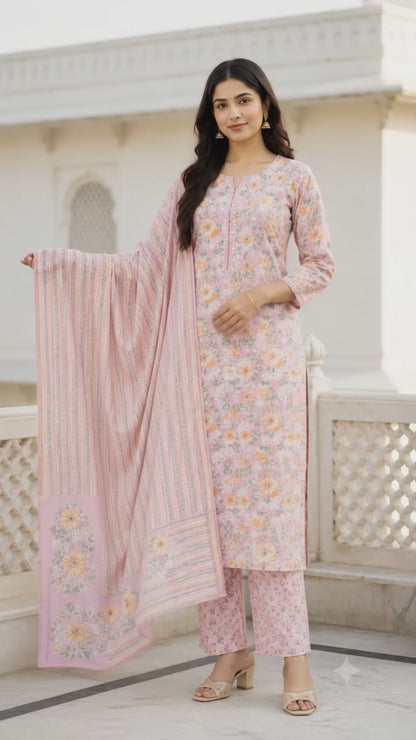 Ruaati Women Premium Cotton Baby Pink Floral Printed Suit Set with Designer Dupatta