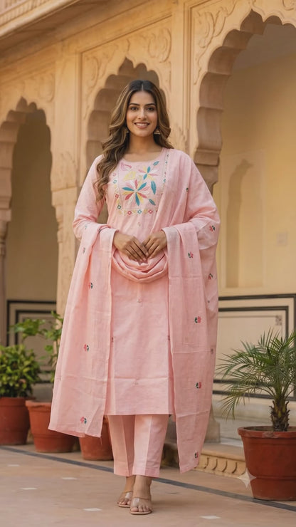 Ruaati Women Light Pink Mul Cotton Kurta Set with Floral Embroidery Work