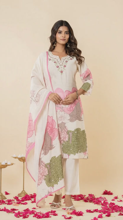 Pure Perli Silk Fabric Kurti Pant Dupatta Sets Embroidery work Digital Print