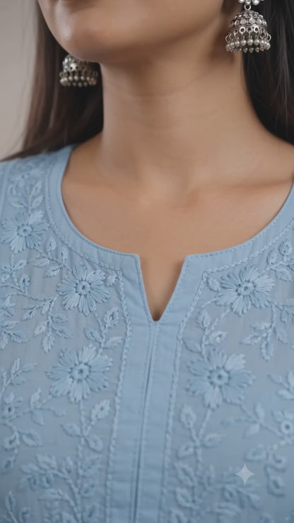 Ruaati Women Sky Blue Mul Chanderi Chickankari Palazzo Set with Dupatta