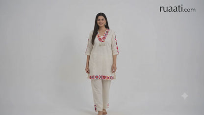 Ruaati Women White Embroidered Kurta Set with Multicolor Neck Design