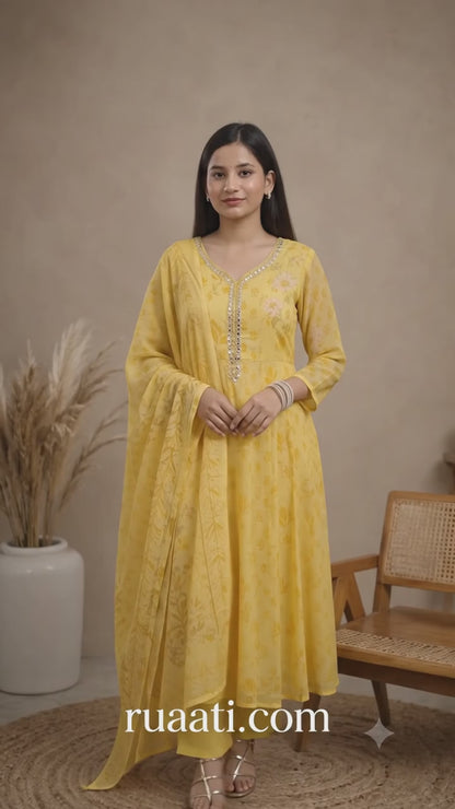 Ruaati Women Mul Cotton Elegant Yellow Anarkali Embroidered Kurta Pant Set with Dupatta