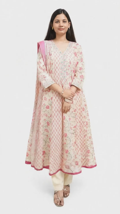 Ruaati Woman Mul Cotton Elegant Pink Floral Anarkali Kurta Set with Dupatta