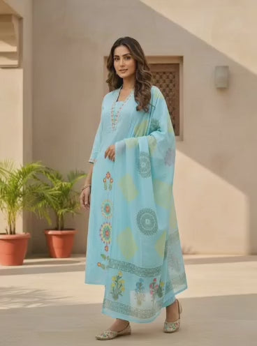 Ruaati Women’s Sky Blue Mul Cotton Embroidered Cotton Kurta Pant Set with Floral Dupatta