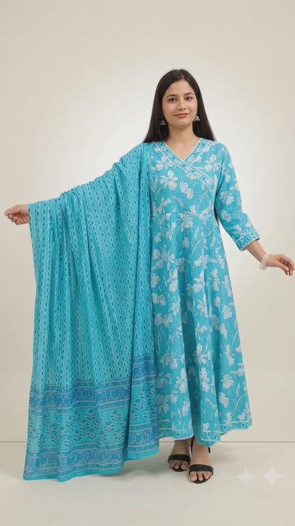 Ruaati Women Mul Cotton Sky Blue Floral Printed Anarkali Suit Set with Dupatta