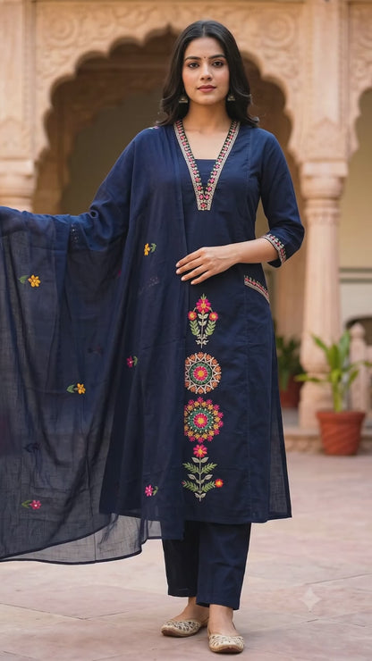 Ruaati Women's Navy Blue Embroidered Cotton Kurta Pant with Embroidered Dupatta | Ethnic Straight Kurta Set | Festive & Casual Wear