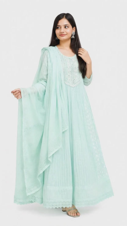 Ruaati Women Mul Cotton Mint Green Embroidered Anarkali Suit Set with Dupatta
