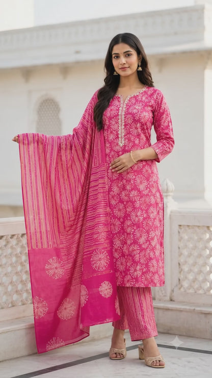 Ruaati Women Premium Cotton Rani Pink Printed Suit Set with Designer Dupatta