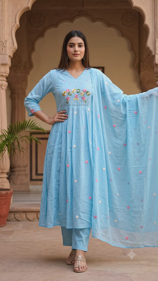 Ruaati Women Mul Cotton Blue Embroidered Kurta Set with Dupatta for Festive Wear