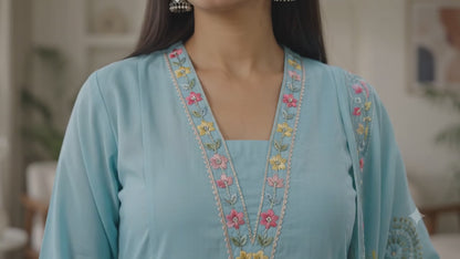 Ruaati Women’s Sky Blue Mul Cotton Embroidered Cotton Kurta Pant Set with Floral Dupatta with Lining